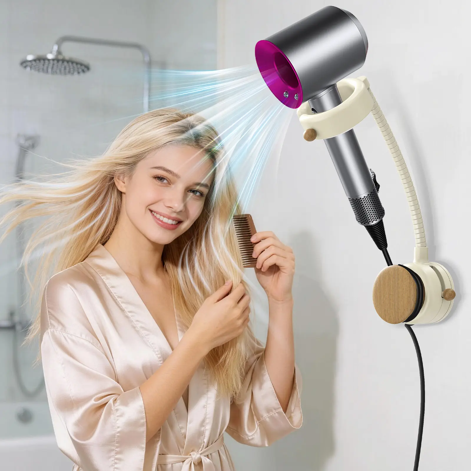 SEANCHEER S07 Hands Free Hair Dryer Holder Wall Mount, 360° Rotating Adjustable Height Suction Cup Blow Dryer Holder, No Drill Installation, Damage-Free Wall, with Cord Storage for Most Hair Dryers