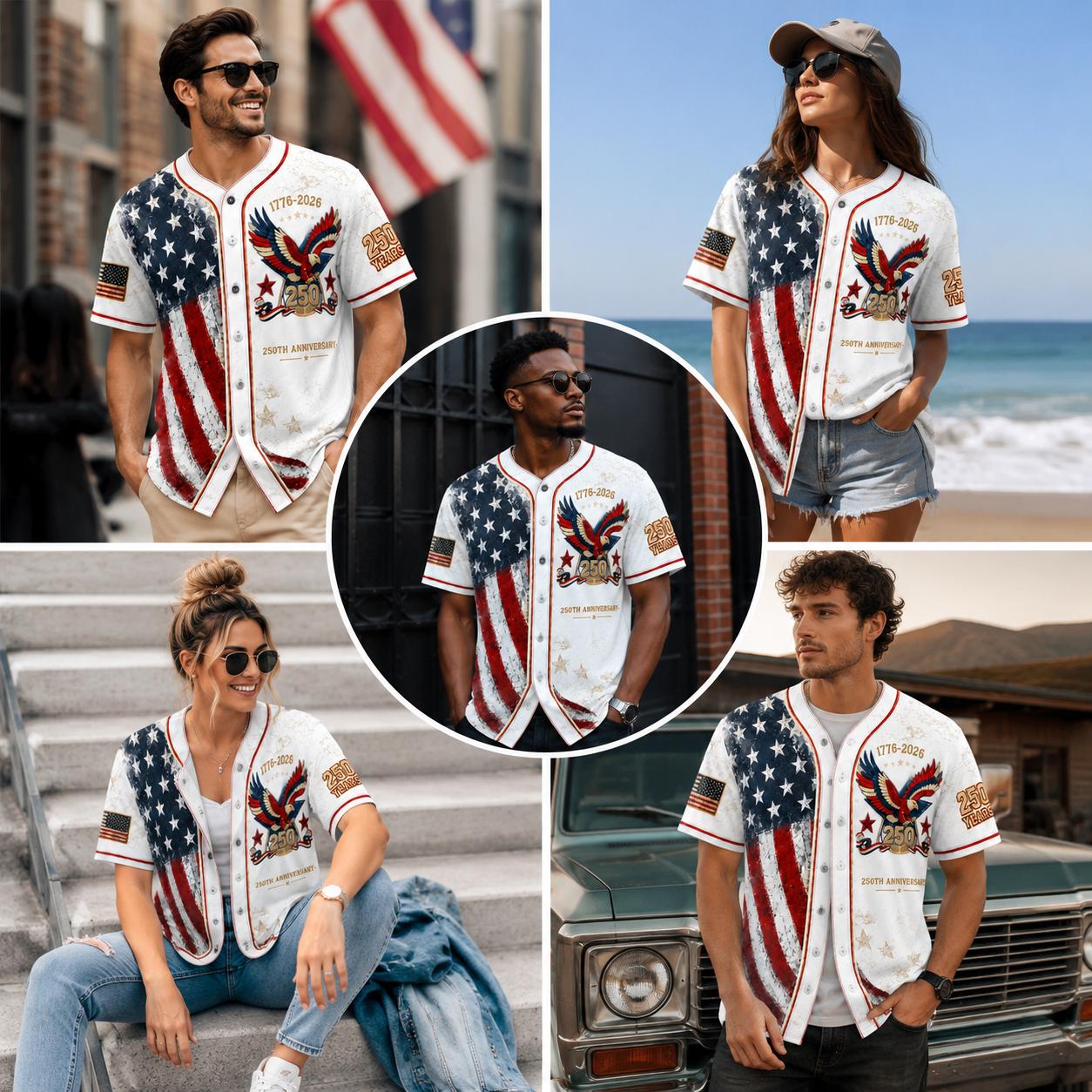 Men's USA 250th Anniversary Baseball Jersey Patriotic American Flag Eagle Button Down Shirt 1776-2026, Vintage Distressed 4th of July Independence Day Graphic Tee, Unisex Casual Sports Top for Men Women, White