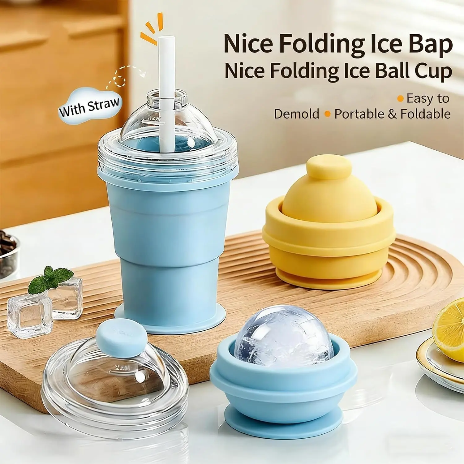 Folding ice hockey cup, silicone cup, summer ice hockey folding water cup, creative silicone ice cube mold, large spherical homemade whiskey freezer. Reusable Coffee