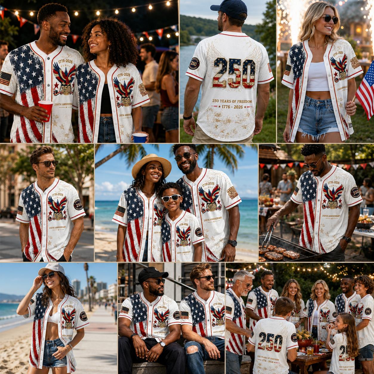 Men's USA 250th Anniversary Baseball Jersey Patriotic American Flag Eagle Button Down Shirt 1776-2026, Vintage Distressed 4th of July Independence Day Graphic Tee, Unisex Casual Sports Top for Men Women, White