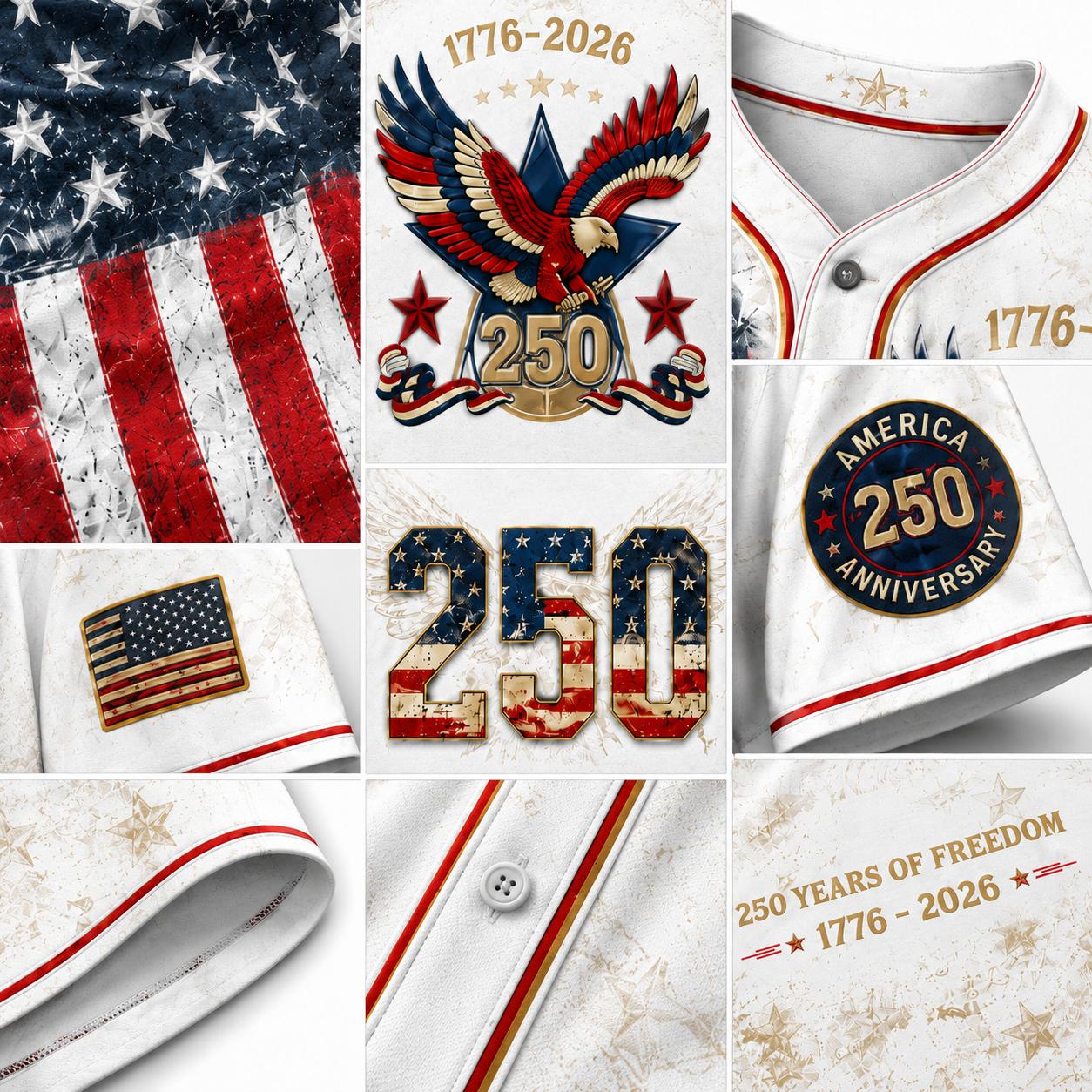Men's USA 250th Anniversary Baseball Jersey Patriotic American Flag Eagle Button Down Shirt 1776-2026, Vintage Distressed 4th of July Independence Day Graphic Tee, Unisex Casual Sports Top for Men Women, White