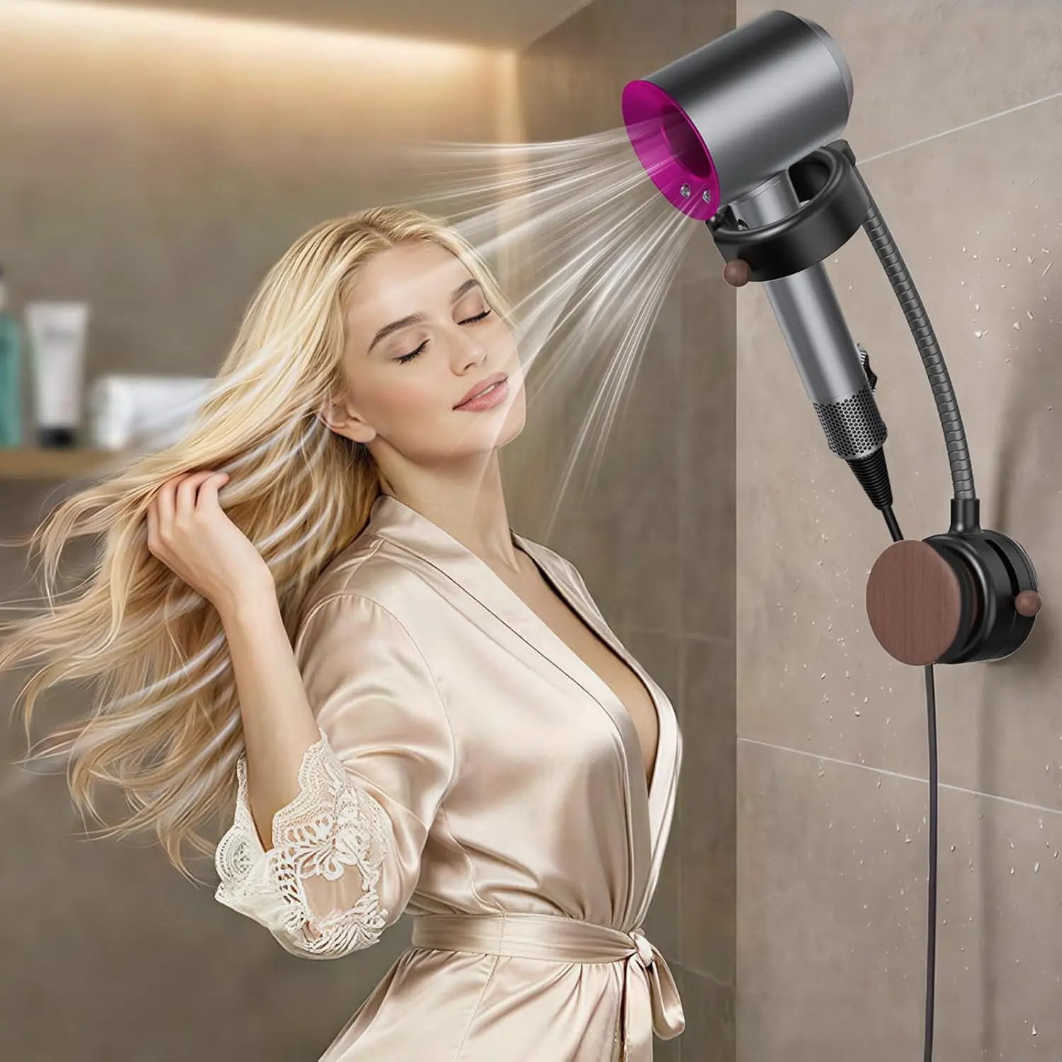 SEANCHEER S07 Hands Free Hair Dryer Holder Wall Mount, 360° Rotating Adjustable Height Suction Cup Blow Dryer Holder, No Drill Installation, Damage-Free Wall, with Cord Storage for Most Hair Dryers
