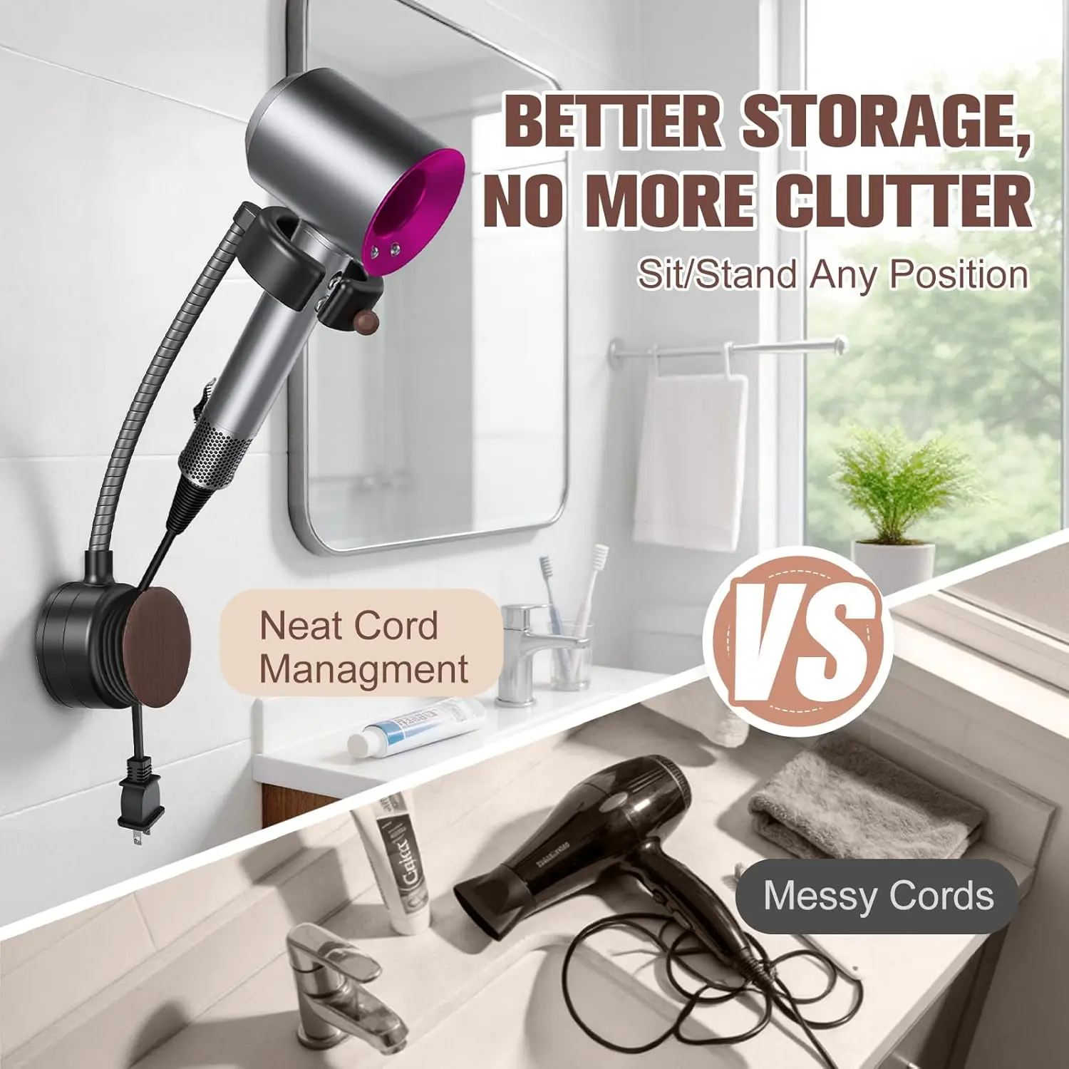 SEANCHEER S07 Hands Free Hair Dryer Holder Wall Mount, 360° Rotating Adjustable Height Suction Cup Blow Dryer Holder, No Drill Installation, Damage-Free Wall, with Cord Storage for Most Hair Dryers