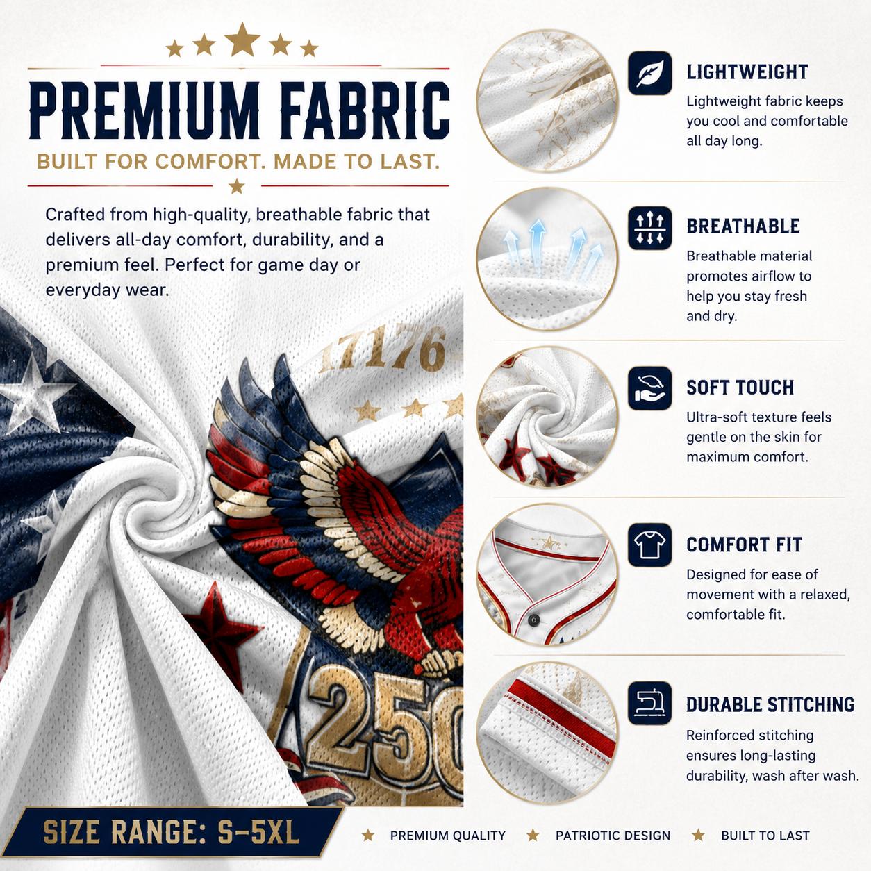 Men's USA 250th Anniversary Baseball Jersey Patriotic American Flag Eagle Button Down Shirt 1776-2026, Vintage Distressed 4th of July Independence Day Graphic Tee, Unisex Casual Sports Top for Men Women, White