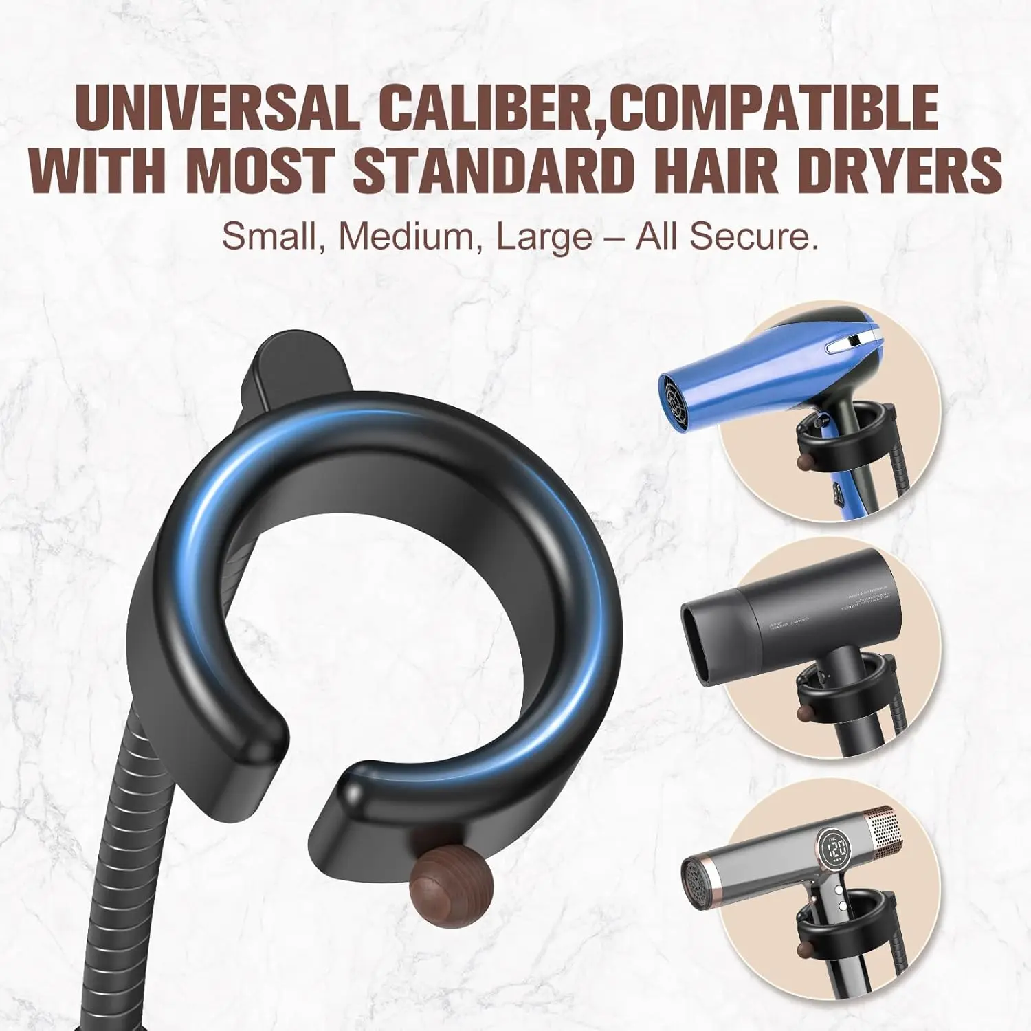 SEANCHEER S07 Hands Free Hair Dryer Holder Wall Mount, 360° Rotating Adjustable Height Suction Cup Blow Dryer Holder, No Drill Installation, Damage-Free Wall, with Cord Storage for Most Hair Dryers