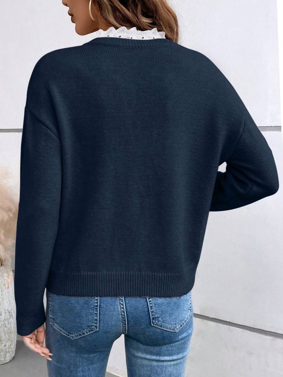 Women's lace V-neck sweater solid color long-sleeved sweater