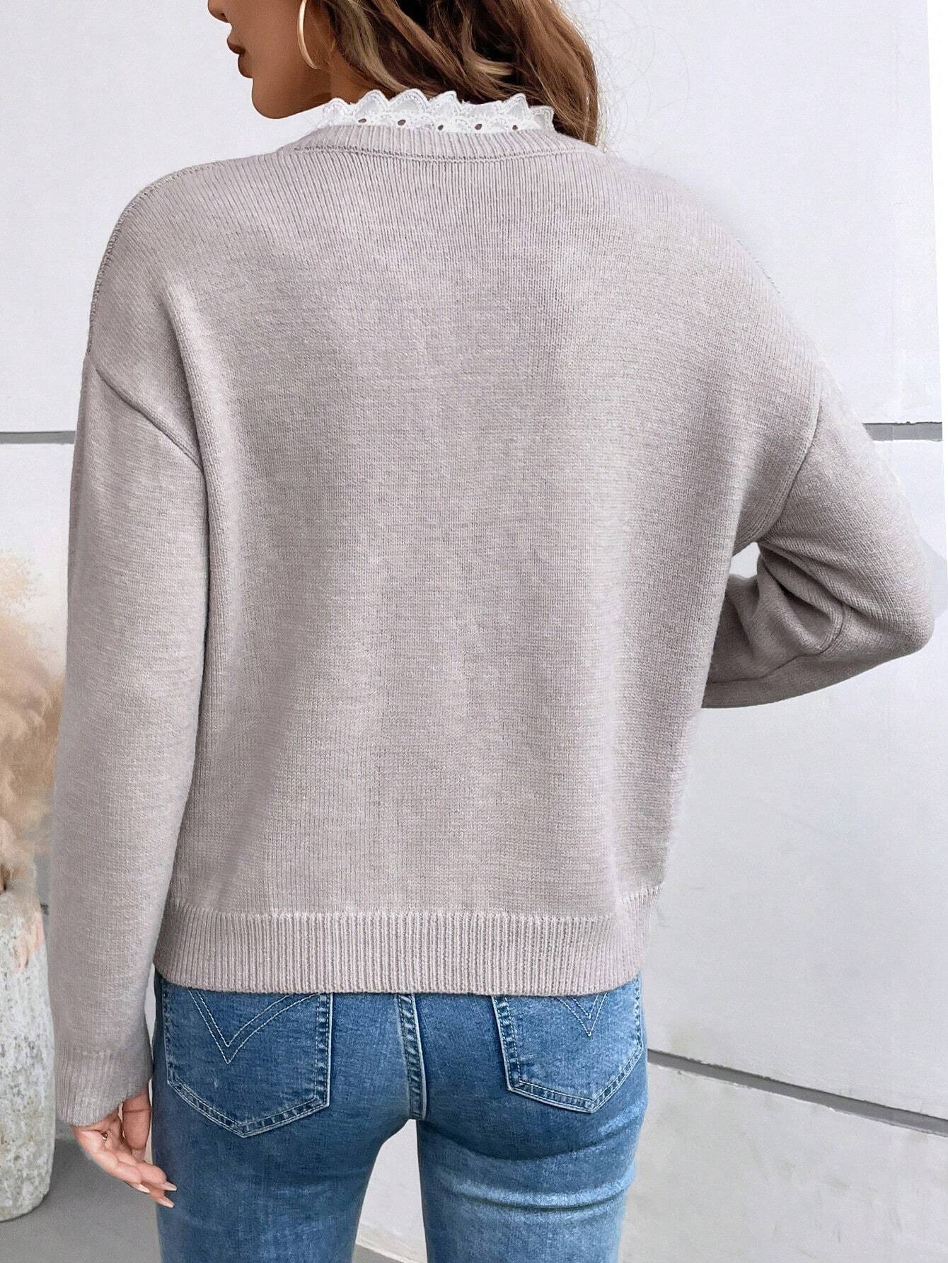 Women's lace V-neck sweater solid color long-sleeved sweater