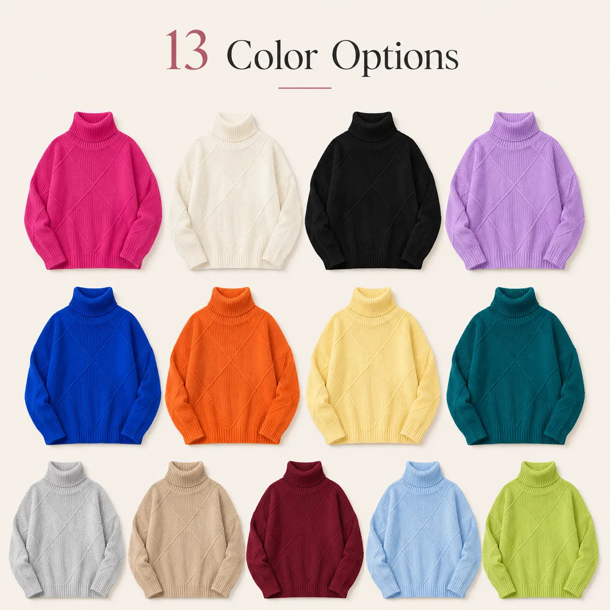 13 color options for women's textured knit turtleneck sweater