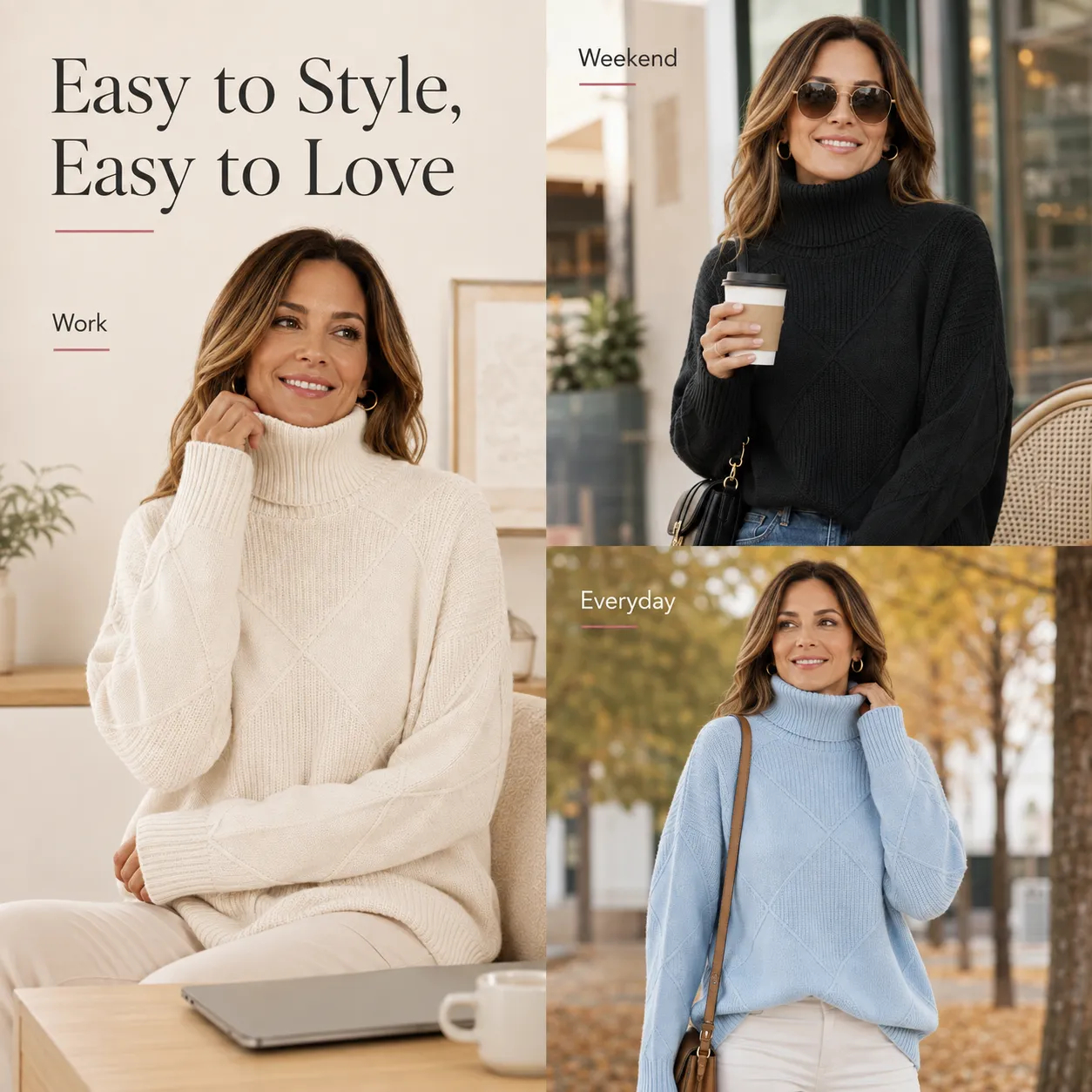Women's textured turtleneck sweater styled for everyday wear