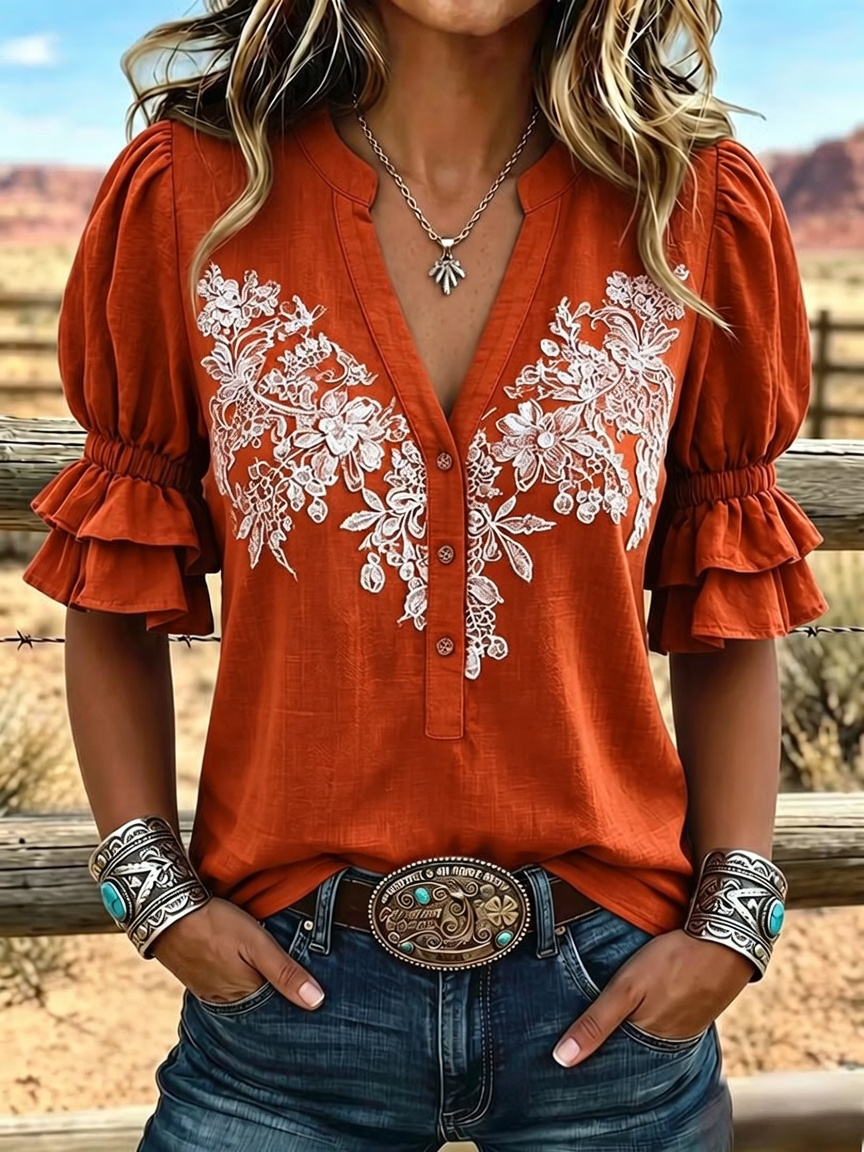 Women's Retro Art Print Puff Sleeve Casual Shirt