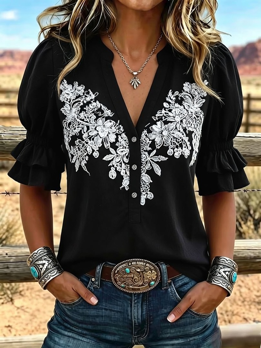 Women's Retro Art Print Puff Sleeve Casual Shirt