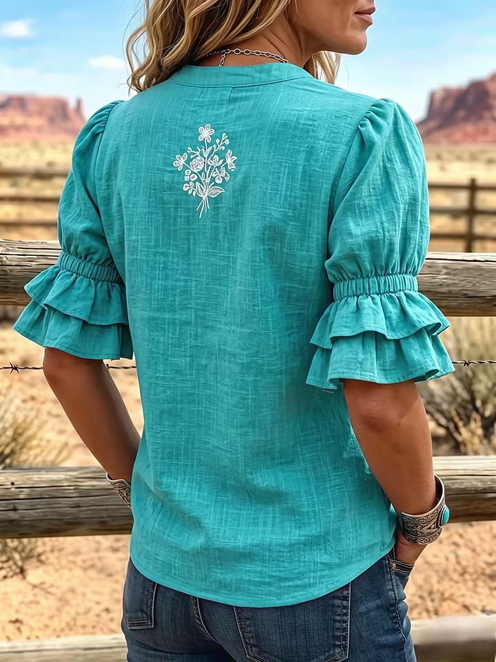 Women's Retro Art Print Puff Sleeve Casual Shirt