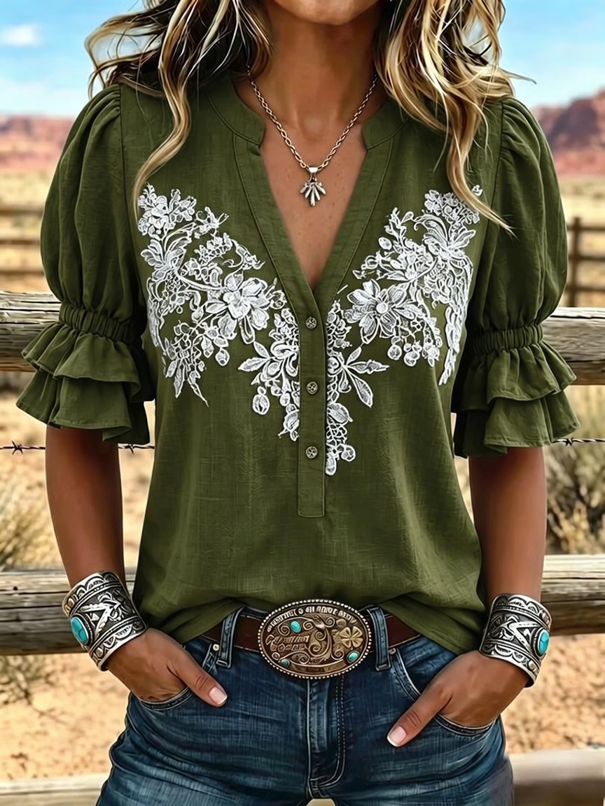 Women's Retro Art Print Puff Sleeve Casual Shirt