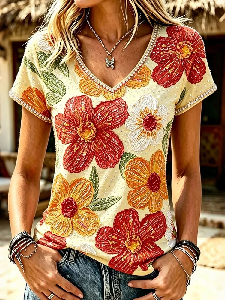 Women's Bohemian Retro Floral Art Print V Neck T-shirt