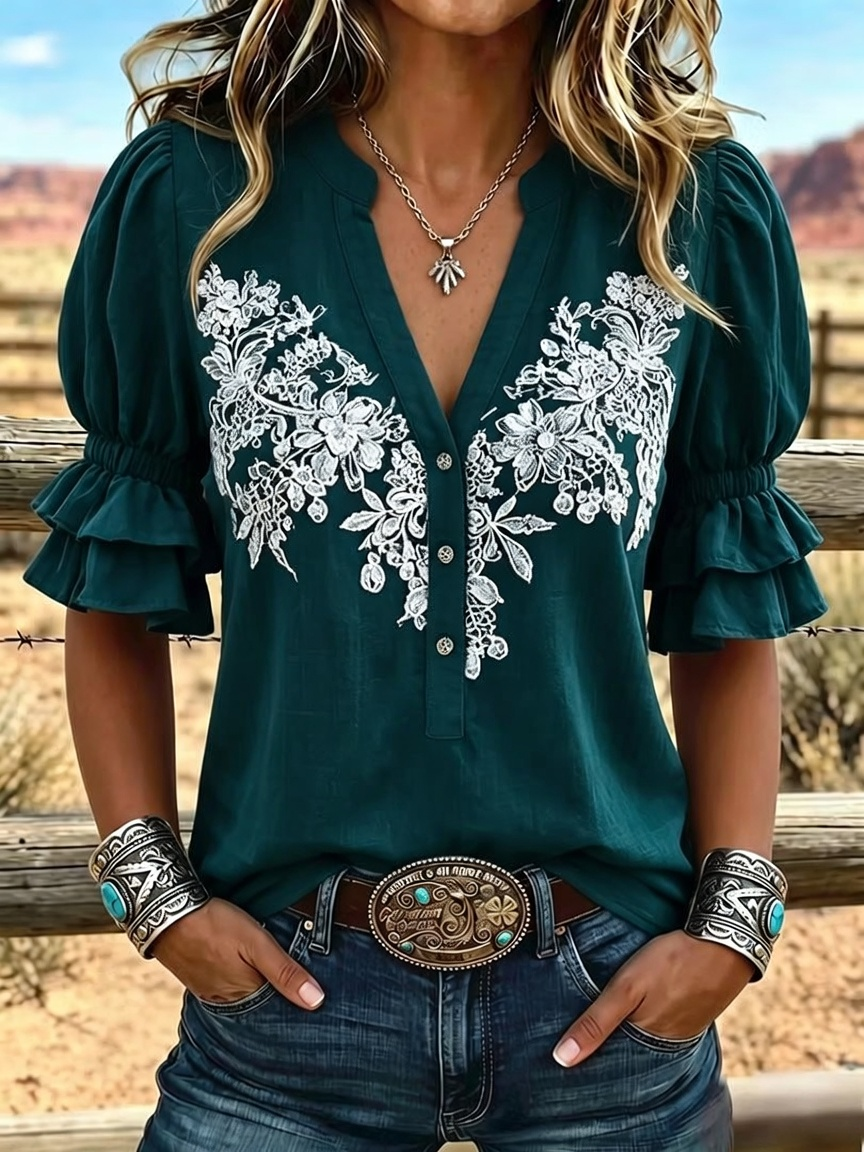 Women's Retro Art Print Puff Sleeve Casual Shirt