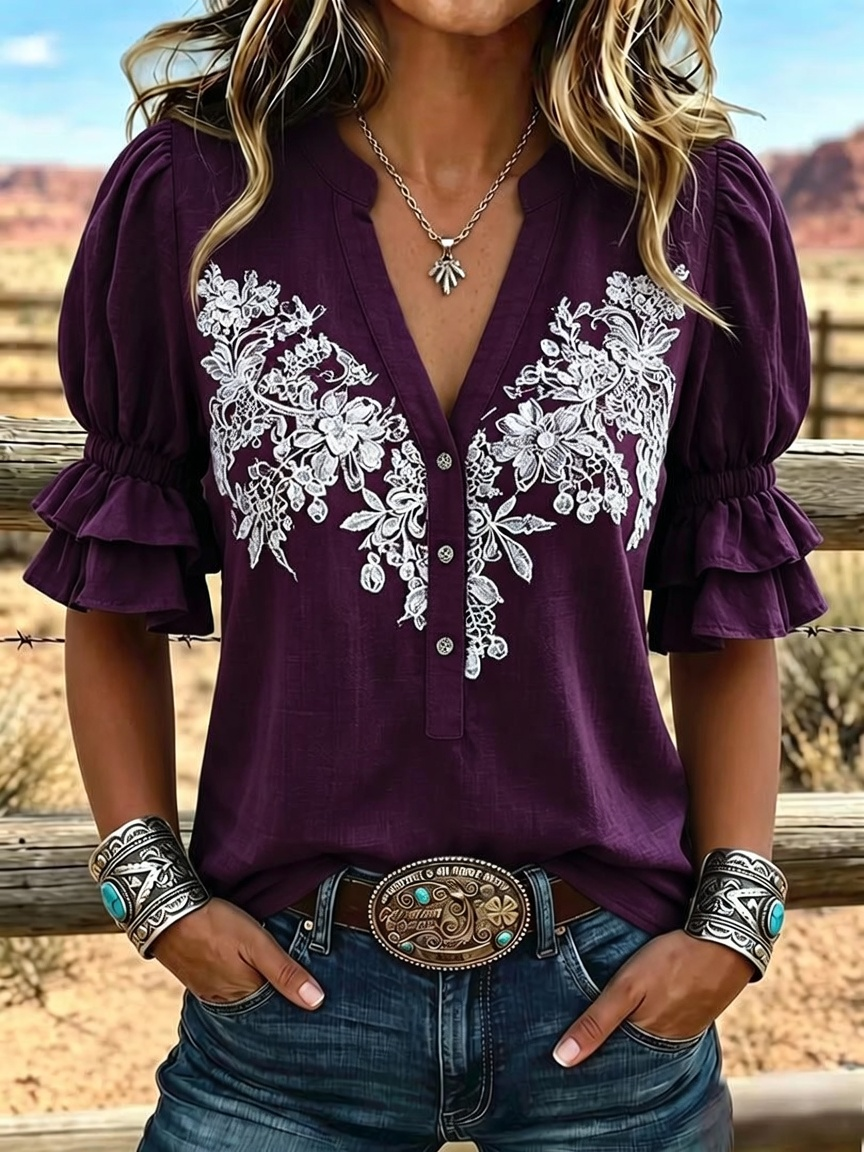 Women's Retro Art Print Puff Sleeve Casual Shirt