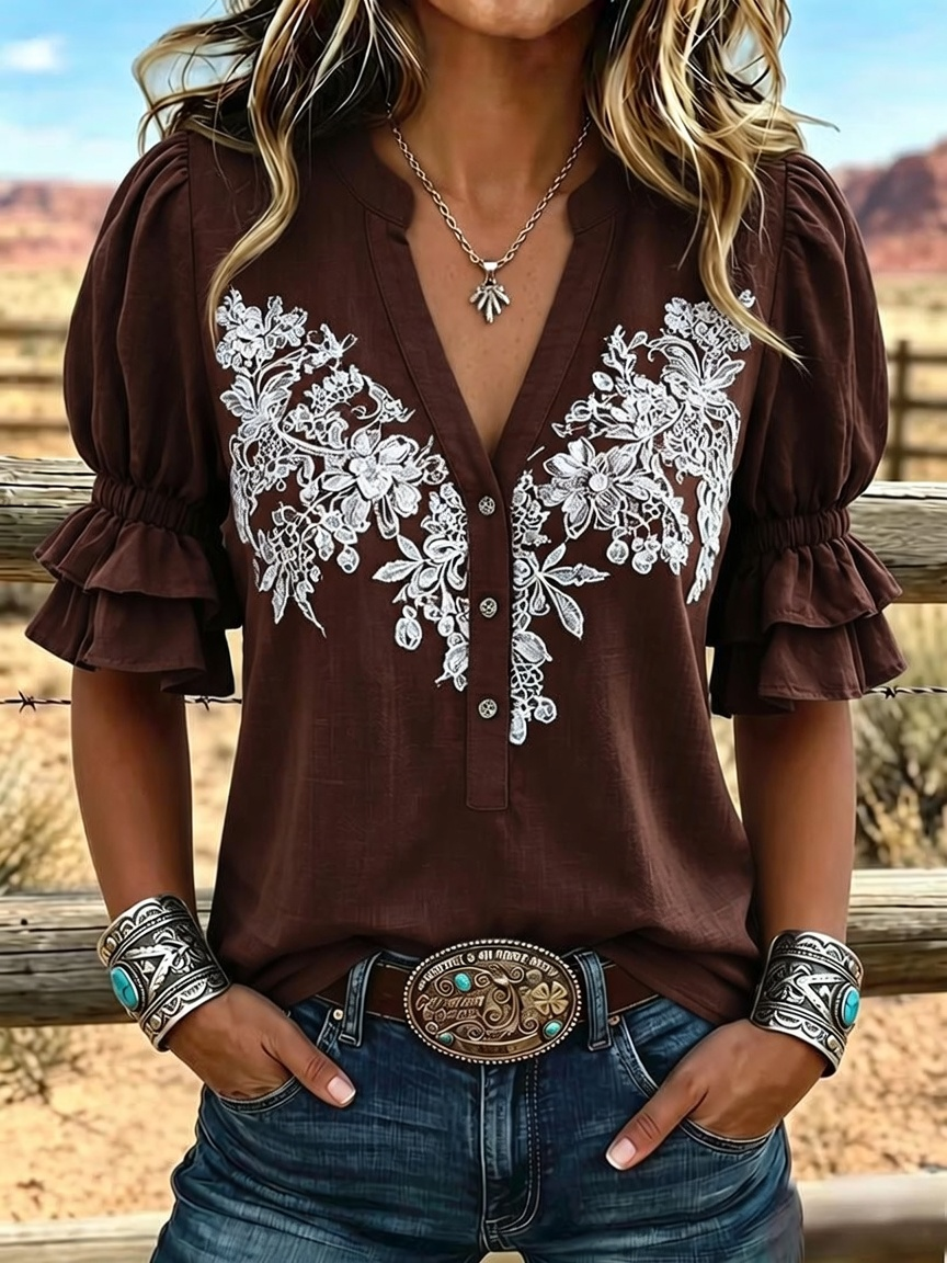 Women's Retro Art Print Puff Sleeve Casual Shirt