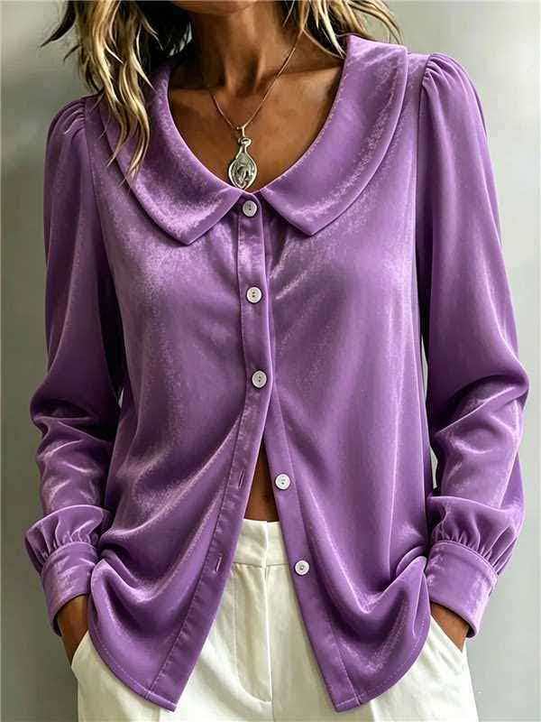 Women's Elegant Velvet Button-Up Blouse – French-Inspired Long Sleeve Shirt