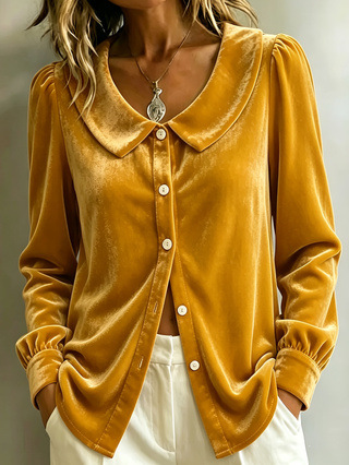 Women's Elegant Velvet Button-Up Blouse – French-Inspired Long Sleeve Shirt