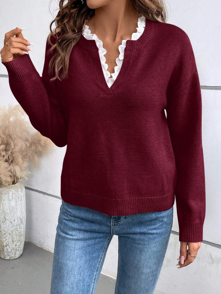 Women's lace V-neck sweater solid color long-sleeved sweater