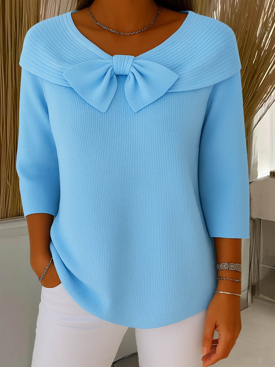 💥 Meilleure vente de l'hiver - ❄️Pull élégant style années 80 à col châle avec nœud, couleur unie