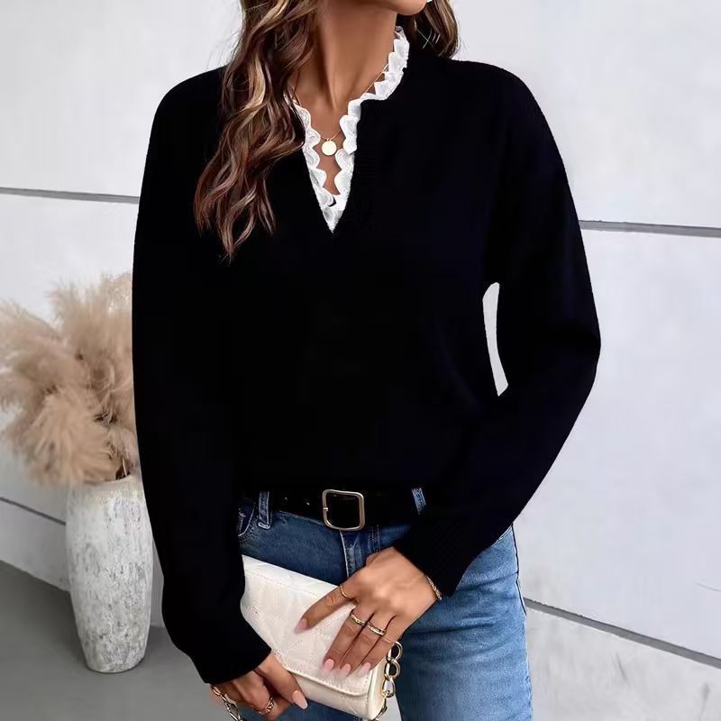 Women's lace V-neck sweater solid color long-sleeved sweater