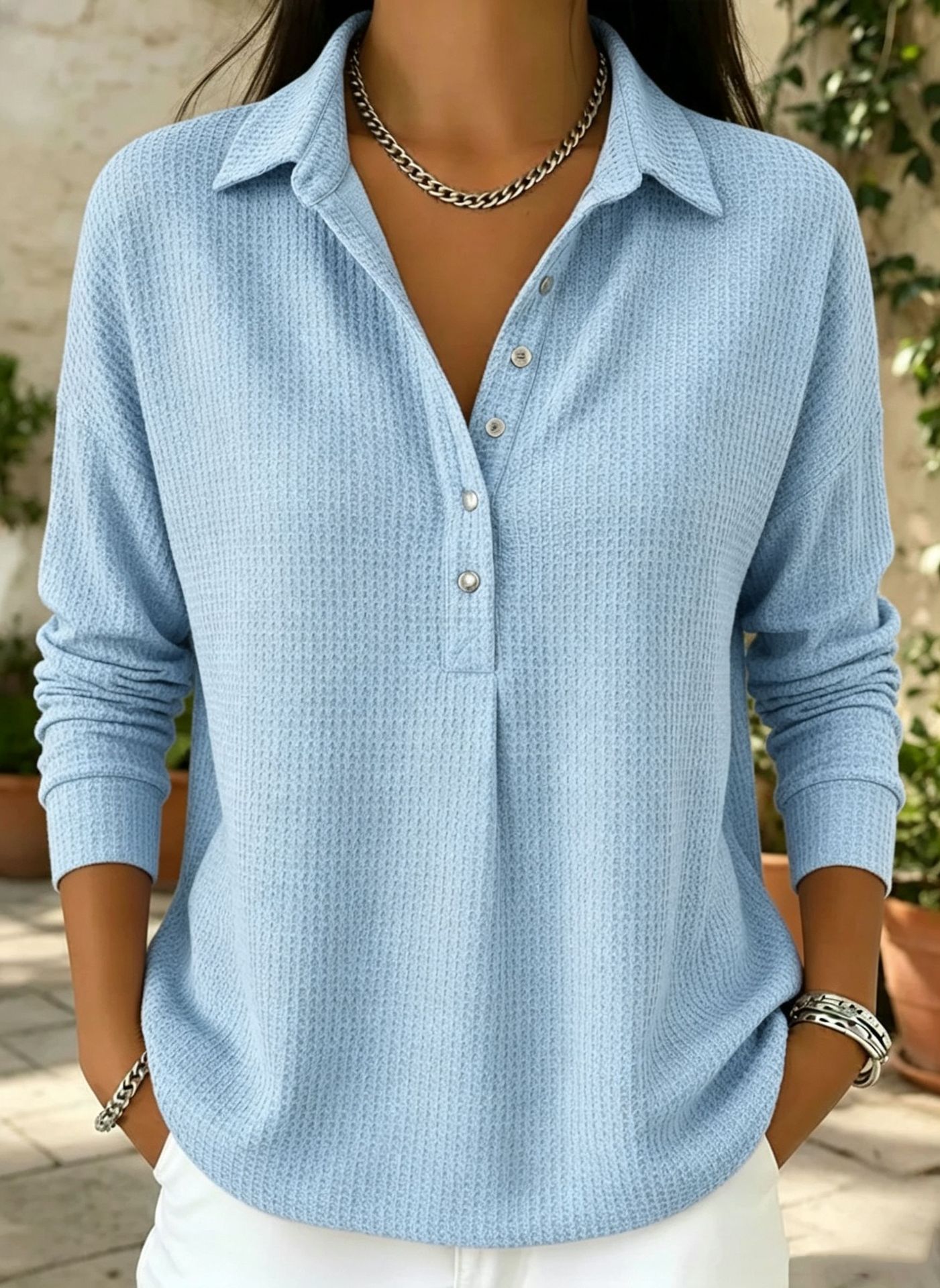 Women’s Relaxed-Fit Waffle-Knit Long-Sleeve Shirt