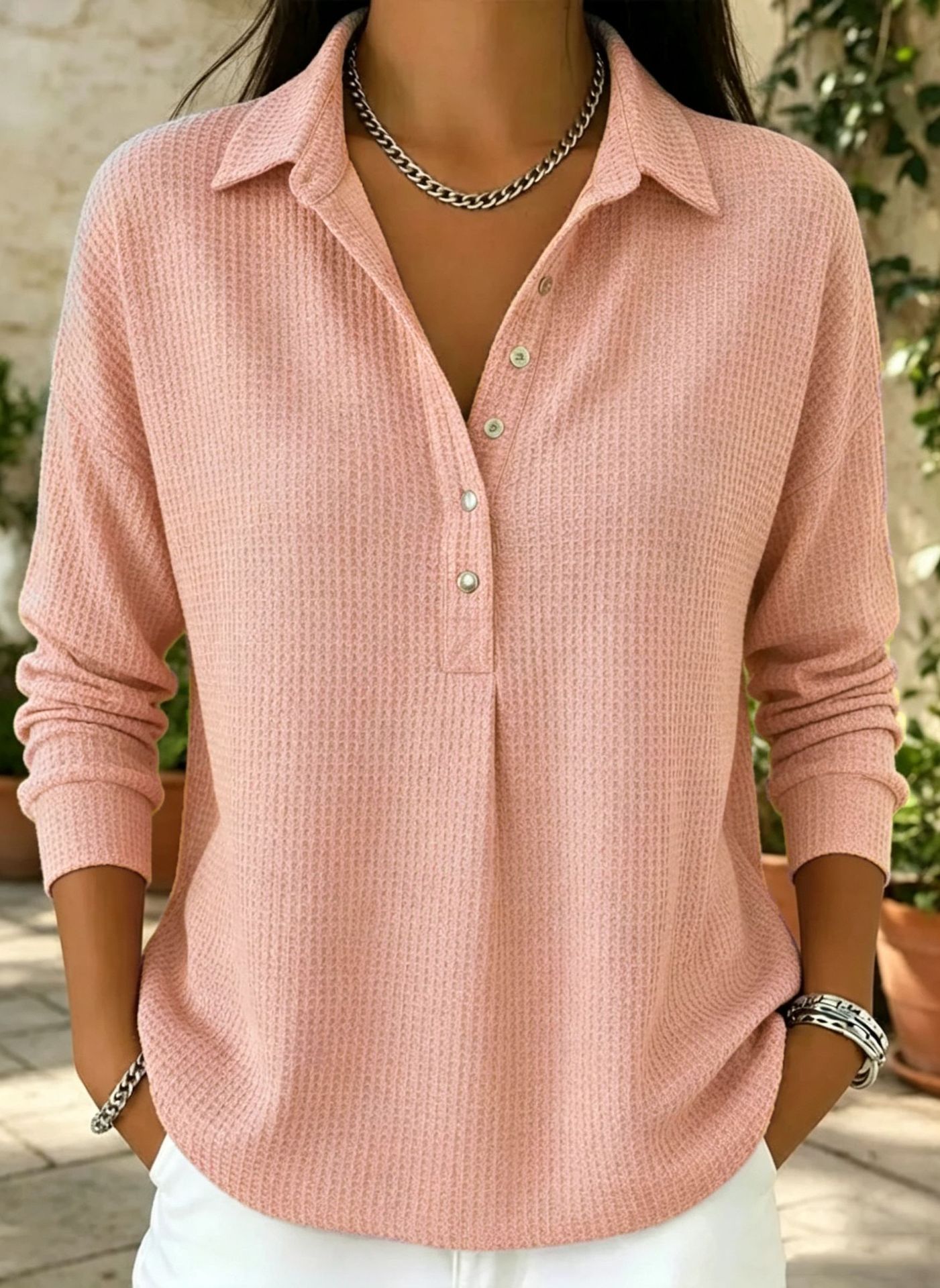 Women’s Relaxed-Fit Waffle-Knit Long-Sleeve Shirt