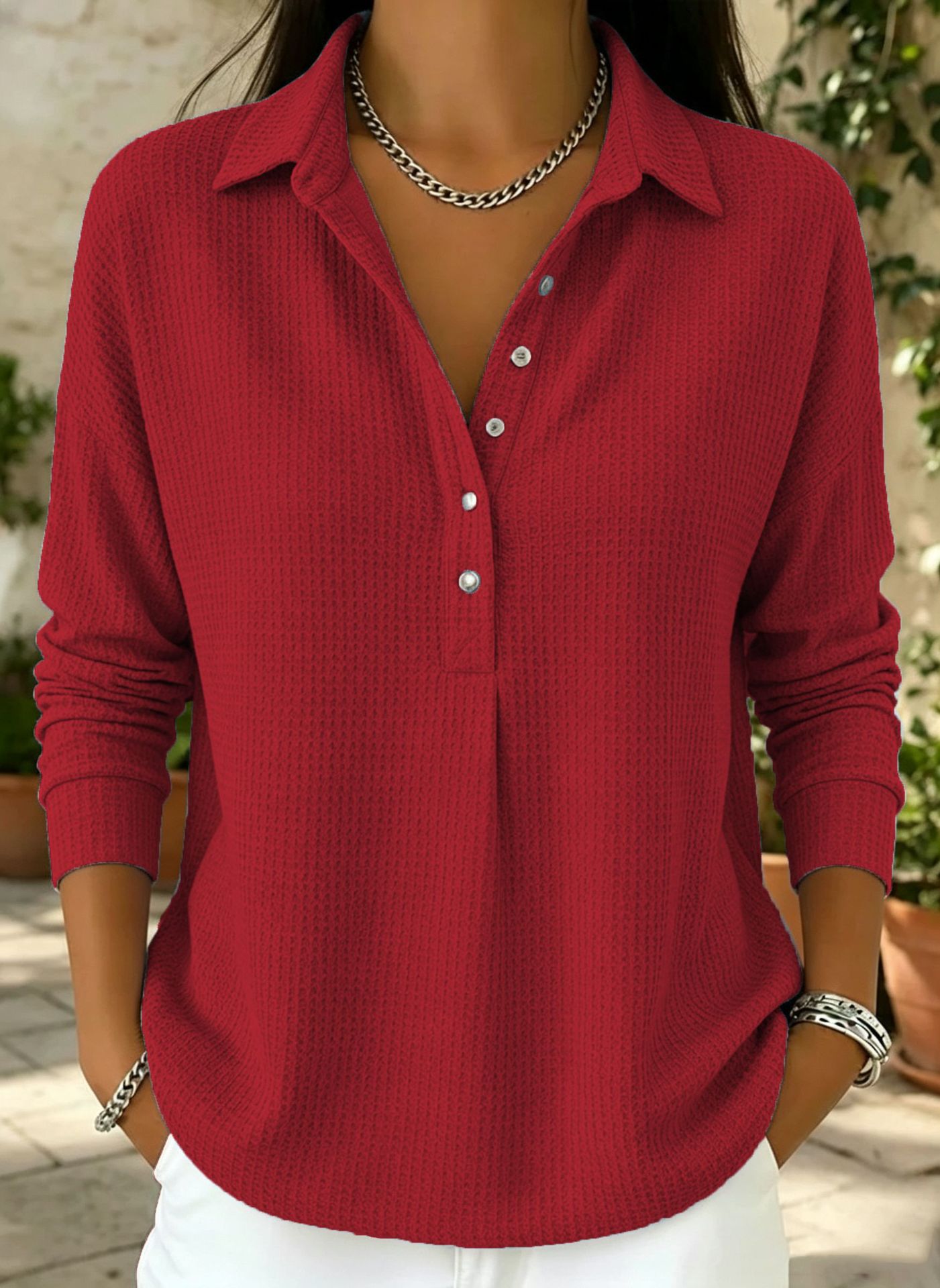 Women’s Relaxed-Fit Waffle-Knit Long-Sleeve Shirt