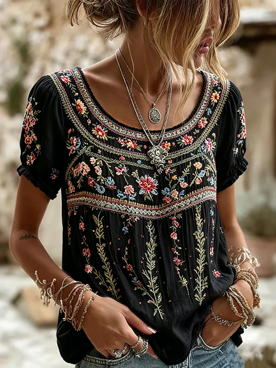 Women's Vintage Floral Comfort Top | Elegant Everyday Casual Shirt