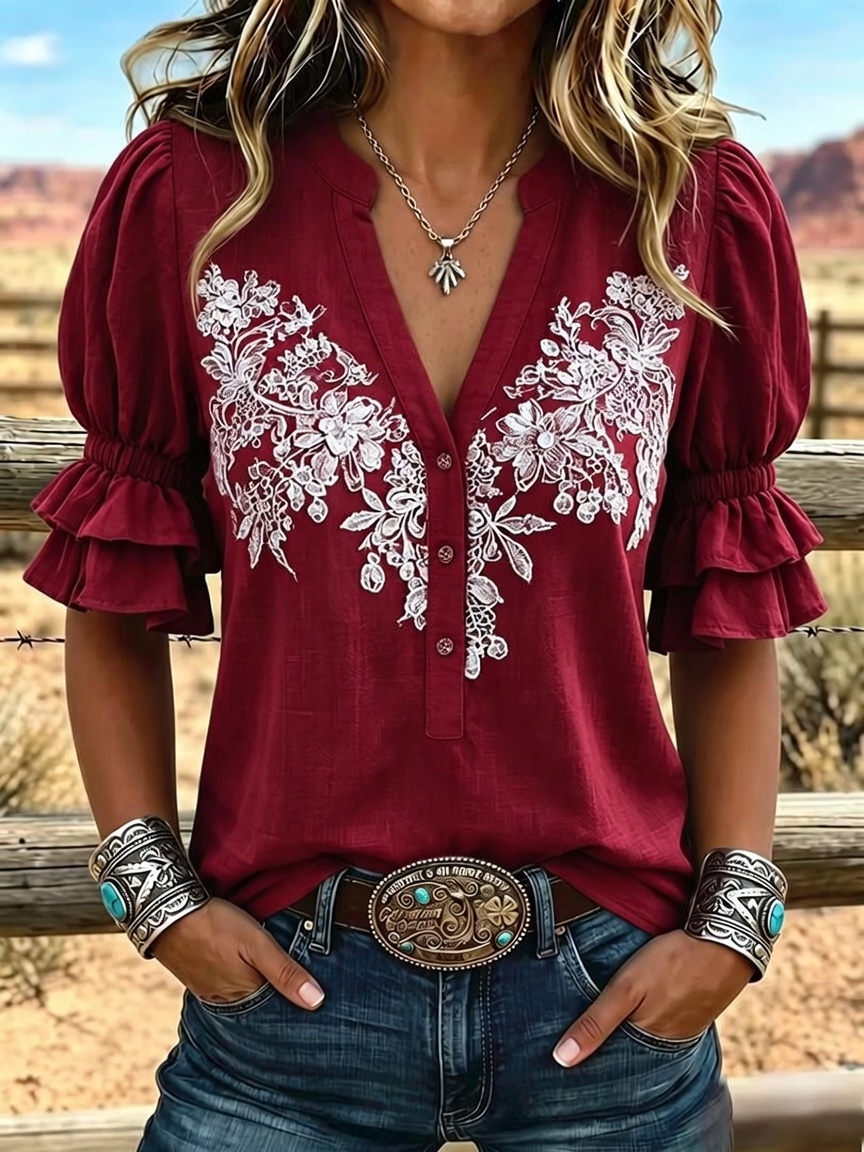 Women's Retro Art Print Puff Sleeve Casual Shirt