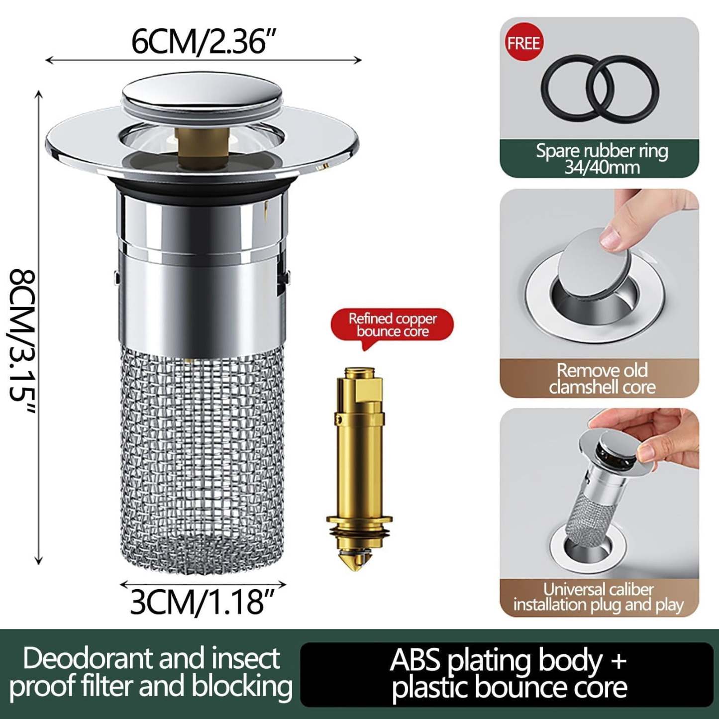 Bathroom Sink Drain Strainer Pop Up Sink Hair Catcher 3.15 Inch Removable Stainless Steel Filter Basket Sink Stopper Replacement Anti Clog Drain Filter Wash Basin Debris Capture Tool for Bathroom