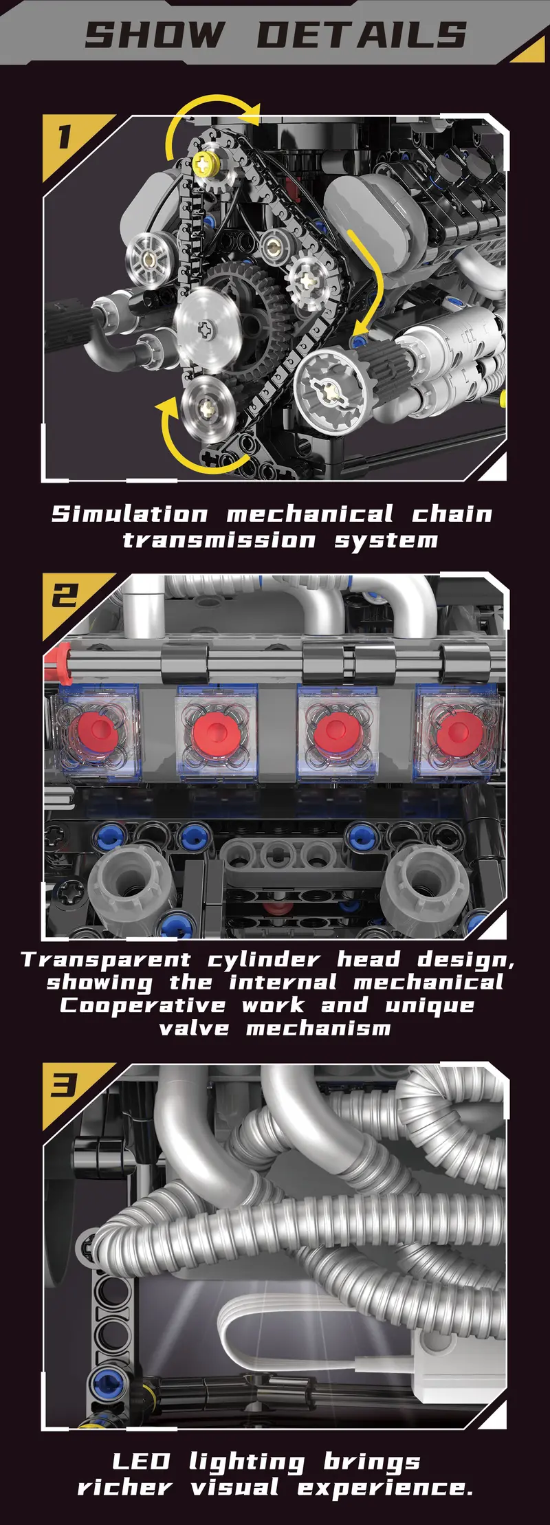 715 PCS Lambo-Style Battery-Powered Motorized V8 Engine Model Building Kit, Building Block Sets, DIY Building, APP Control, LED Lights, Ages 14+, 14+ Years for Car Enthusiasts