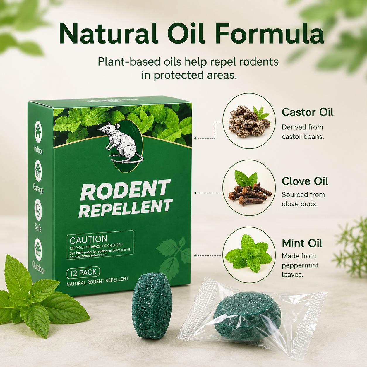 Natural Rodent Repellent Tablets, Plant-Based Fresh Mint Scent Mouse & Rat Deterrent for Outdoor and outdoor, Garage, Car, RV, Storage & Outdoor Use, 12 Pack