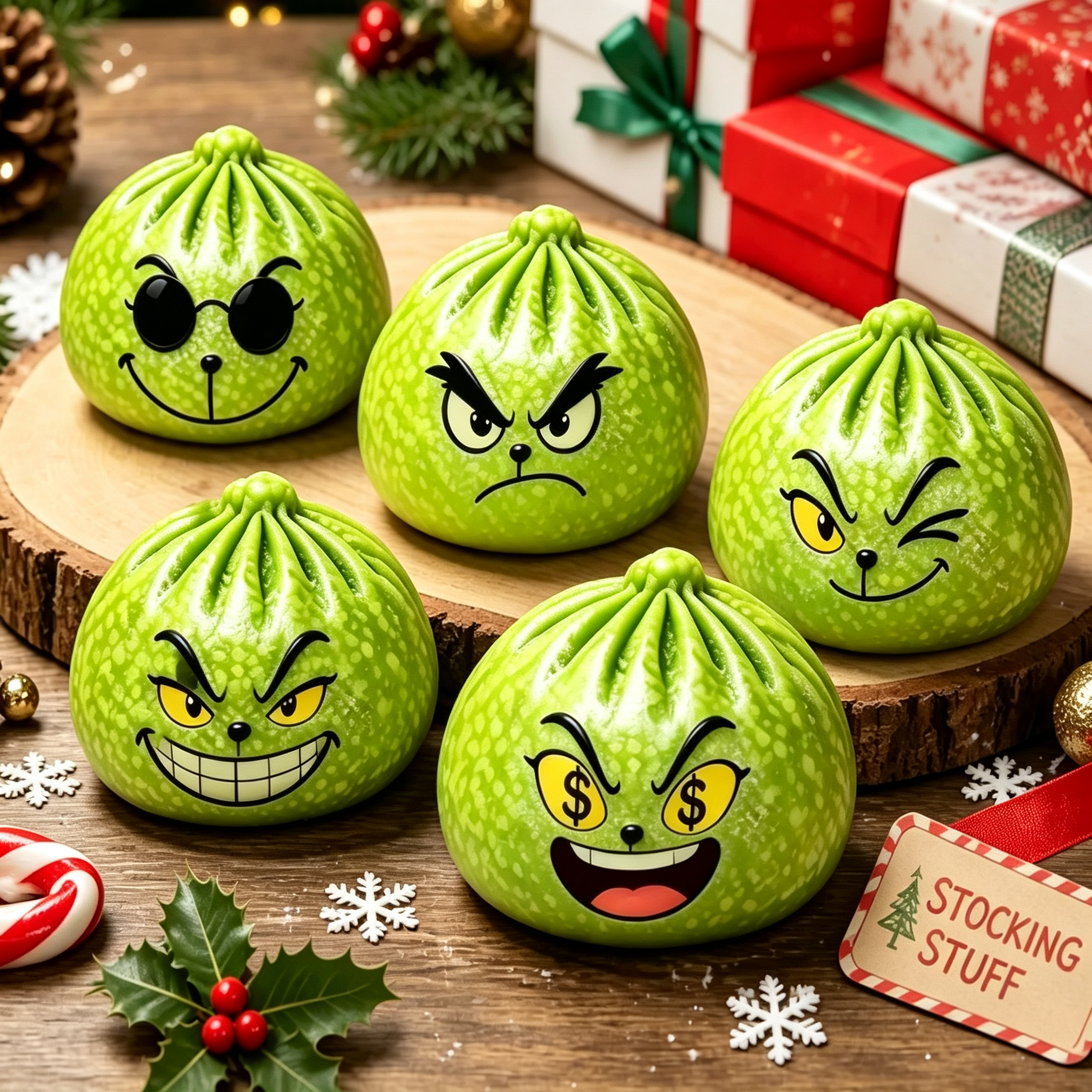 Different styles of green dumpling squishy toys