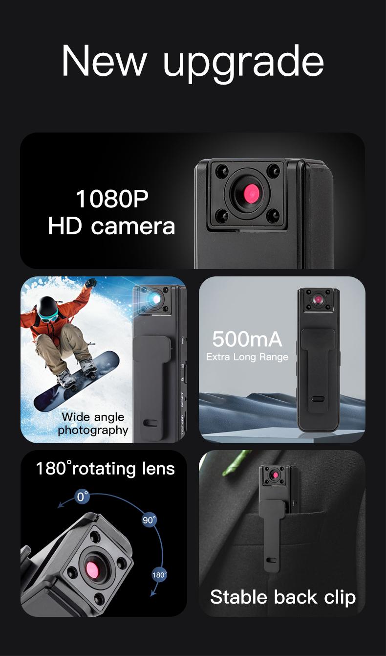 Wearable Body Camera - 1080p HD Video Recorder, Audio Recorder Device, 180° Rotating Lens, Motion Detection, Night Mode, 500mAh Battery, with Memory Card (32G) & Memory Slot, for Outdoor Sports, Cycling