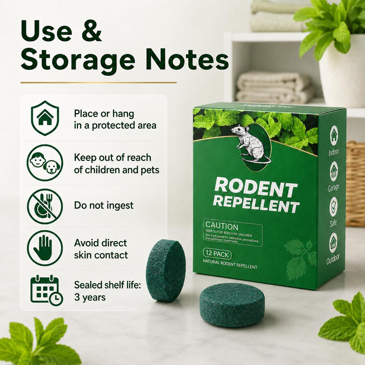 Natural Rodent Repellent Tablets, Plant-Based Fresh Mint Scent Mouse & Rat Deterrent for Outdoor and outdoor, Garage, Car, RV, Storage & Outdoor Use, 12 Pack