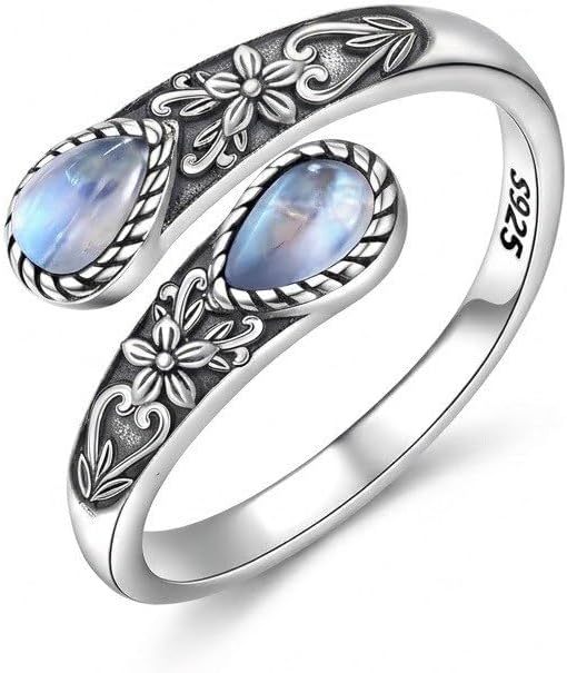 Women's Sterling Silver Moonstone Flower Ring, Adjustable Vintage Spoon Ring Jewelry, Gifts for Mom, Wife, Sister, Her