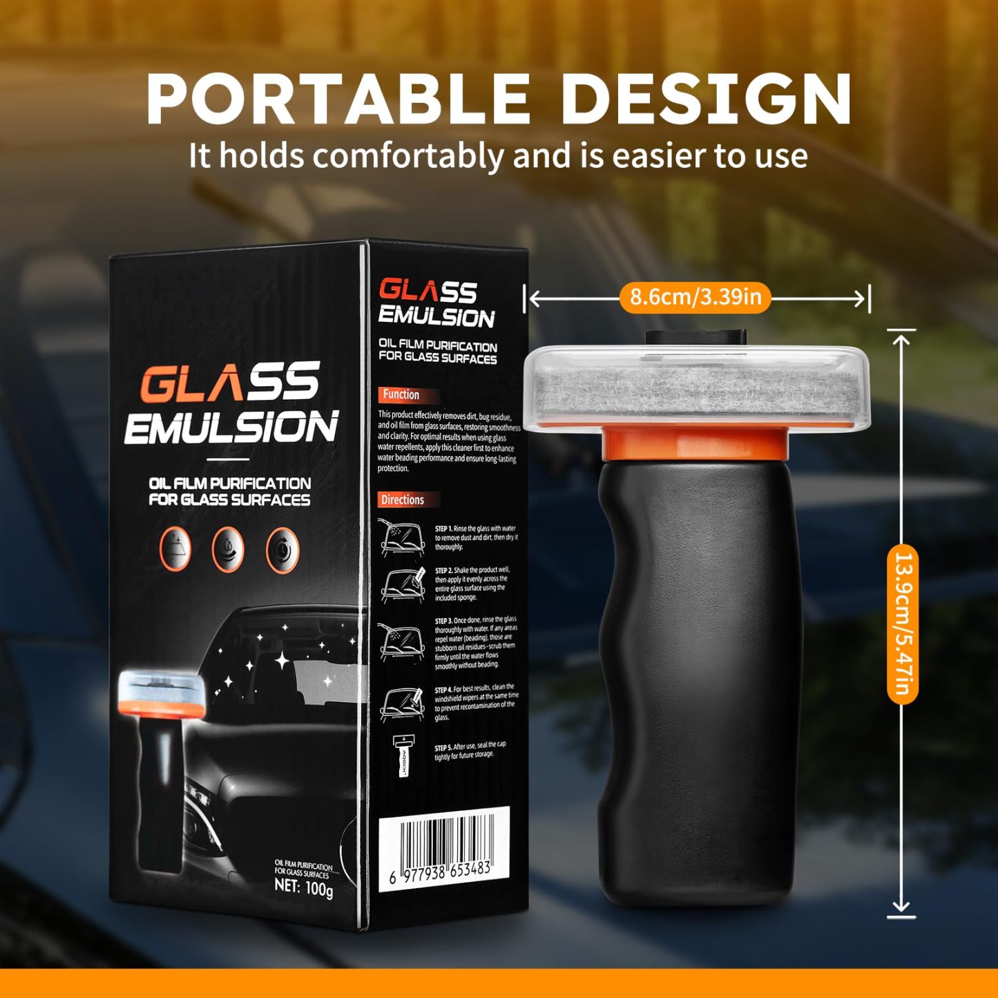 Glass Oil Film Remover for Car Windshield, Handheld Roll-On Glass Emulsion Cleaner with cleaning board, Removes Stubborn Oil Film & Grime for Improved Windshield Clarity for Safe Driving(3.5oz) (1PCS)