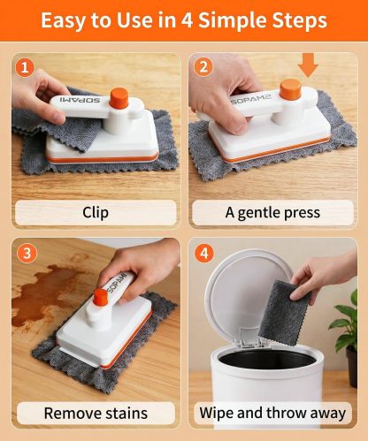 Handheld Snap Grip Mini Mop Use Any Cloth - Convenient Cloth Changing Mini Mop for Home Use with Easy Tap Handle（Includes 10 Washable Pads