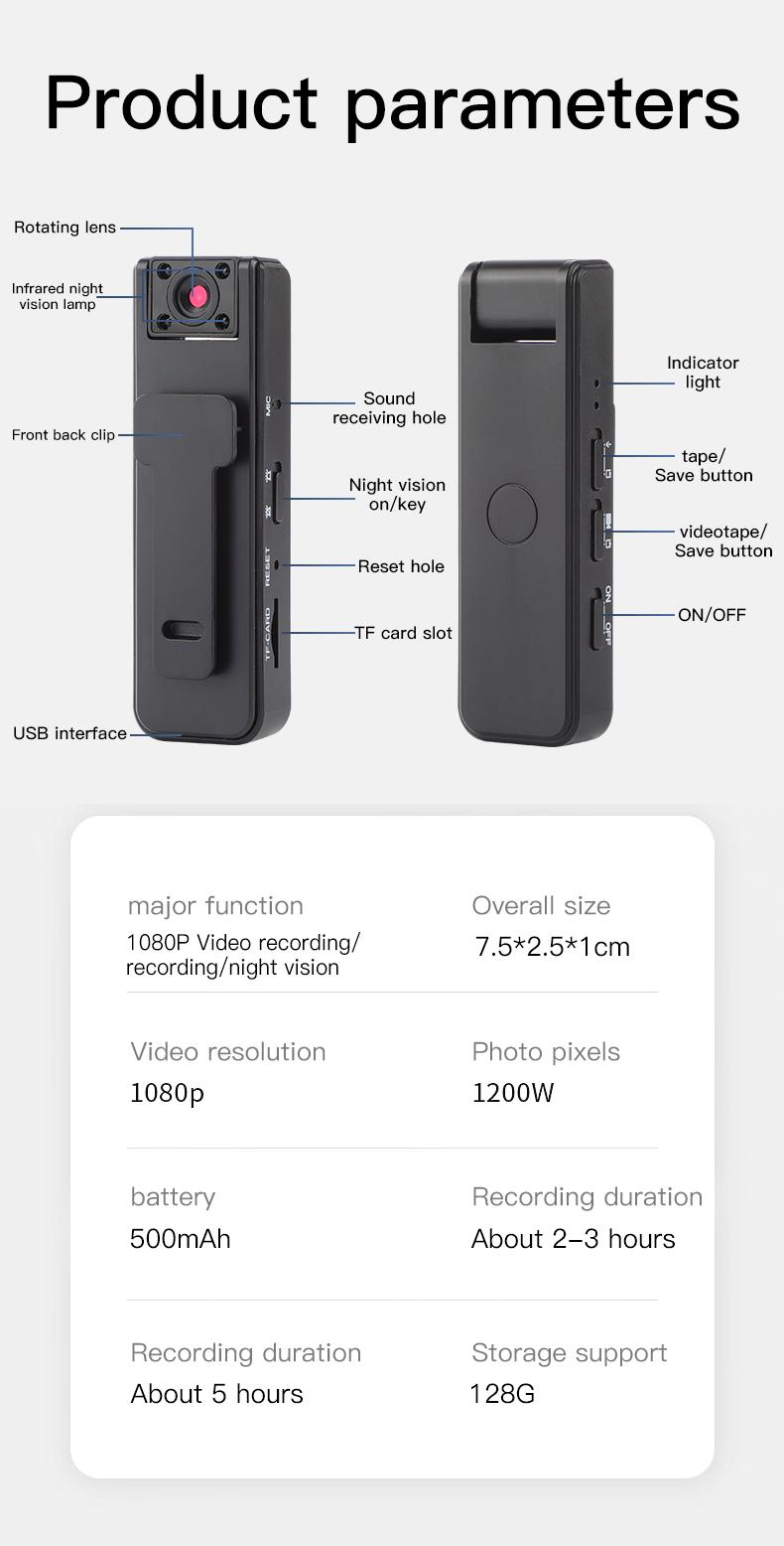 Wearable Body Camera - 1080p HD Video Recorder, Audio Recorder Device, 180° Rotating Lens, Motion Detection, Night Mode, 500mAh Battery, with Memory Card (32G) & Memory Slot, for Outdoor Sports, Cycling