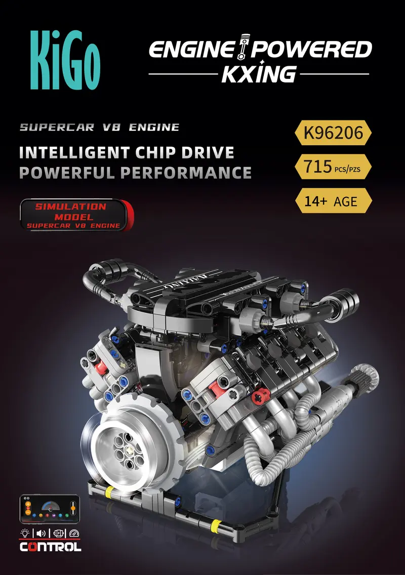 715 PCS Lambo-Style Battery-Powered Motorized V8 Engine Model Building Kit, Building Block Sets, DIY Building, APP Control, LED Lights, Ages 14+, 14+ Years for Car Enthusiasts