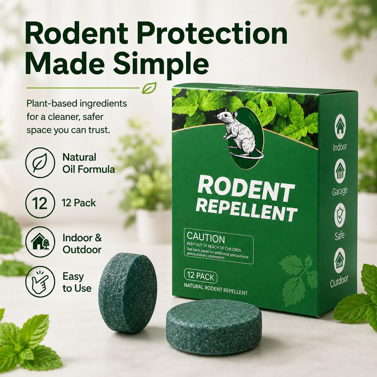 Natural Rodent Repellent Tablets, Plant-Based Fresh Mint Scent Mouse & Rat Deterrent for Outdoor and outdoor, Garage, Car, RV, Storage & Outdoor Use, 12 Pack