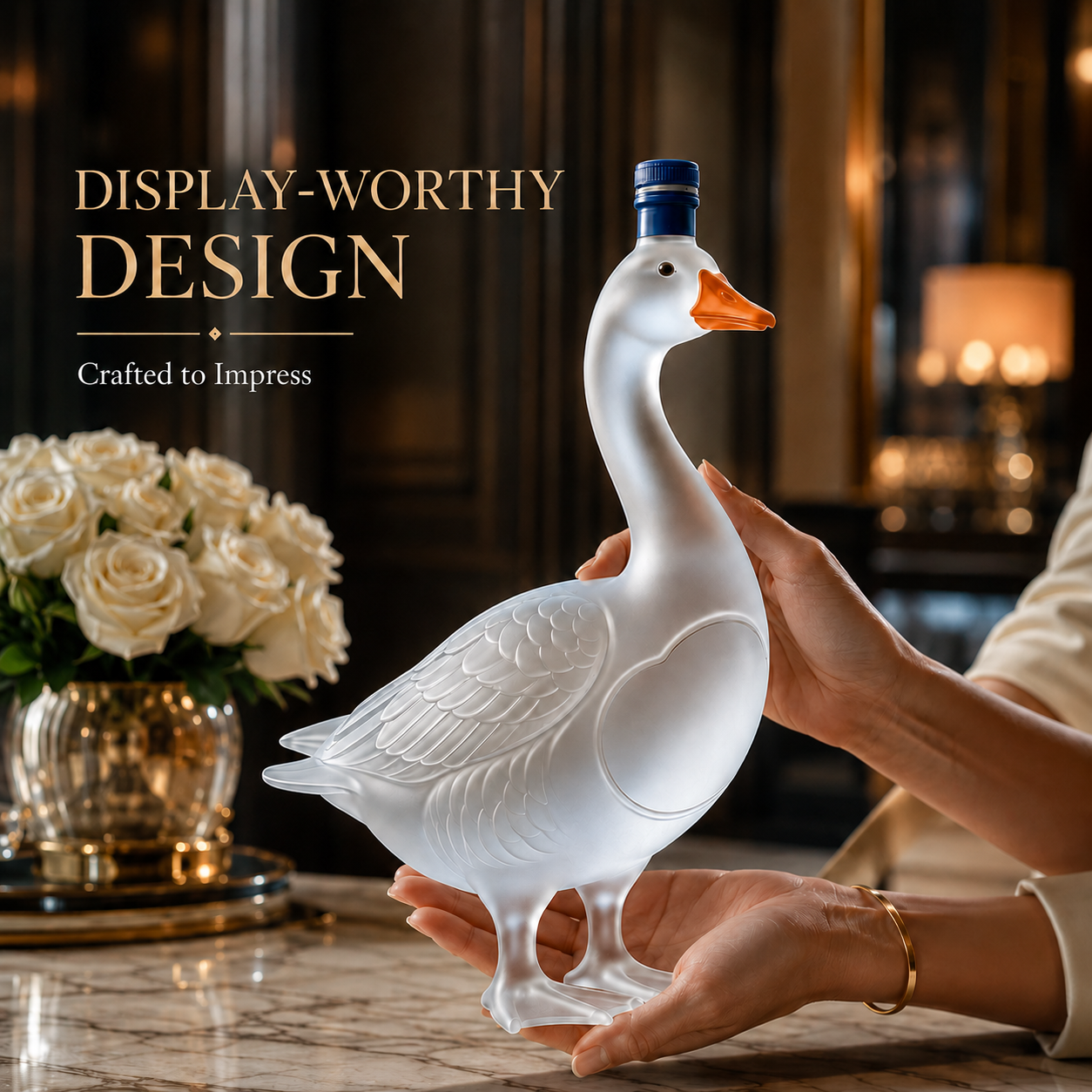 Swan-inspired collector bottle front display
