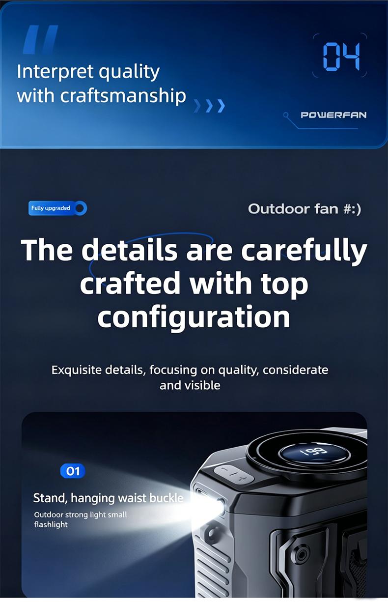 HOOYS USB Rechargeable Handheld Portable Fan, 199-Speed Adjustable, with Waist Clip, Flashlight & PowerDisplay, Personal Fan for Outdoor, Camping, Jobsite, Travel &Indoor Use