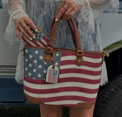 American Flag Tote Bag for Women Vintage Patriotic Western Shoulder Purse with Braided Top Handles