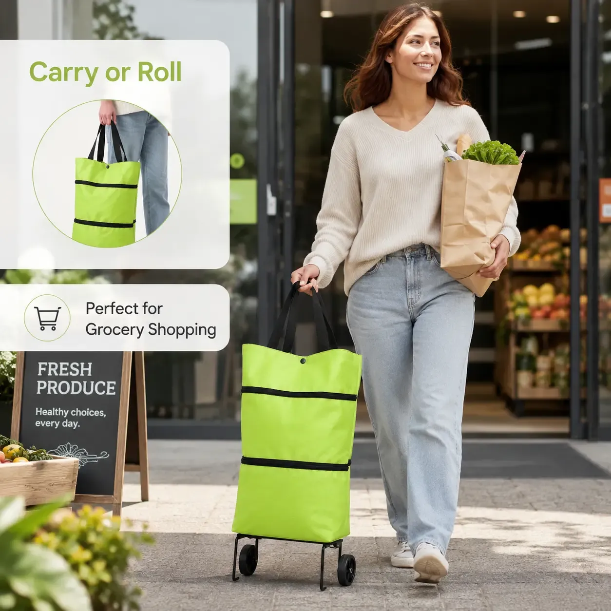 【10inch*18inch】Foldable Shopping Trolley Bag with Wheels, Portable Reusable Grocery Tote, Lightweight Rolling Shopping Cart Bag with Carry Handles for Supermarket, Travel, Laundry and Daily Use