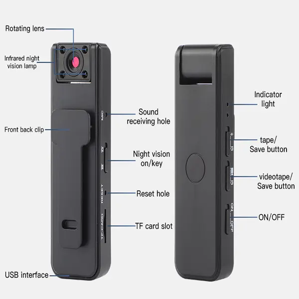 Wearable Body Camera - 1080p HD Video Recorder, Audio Recorder Device, 180° Rotating Lens, Motion Detection, Night Mode, 500mAh Battery, with Memory Card (32G) & Memory Slot, for Outdoor Sports, Cycling