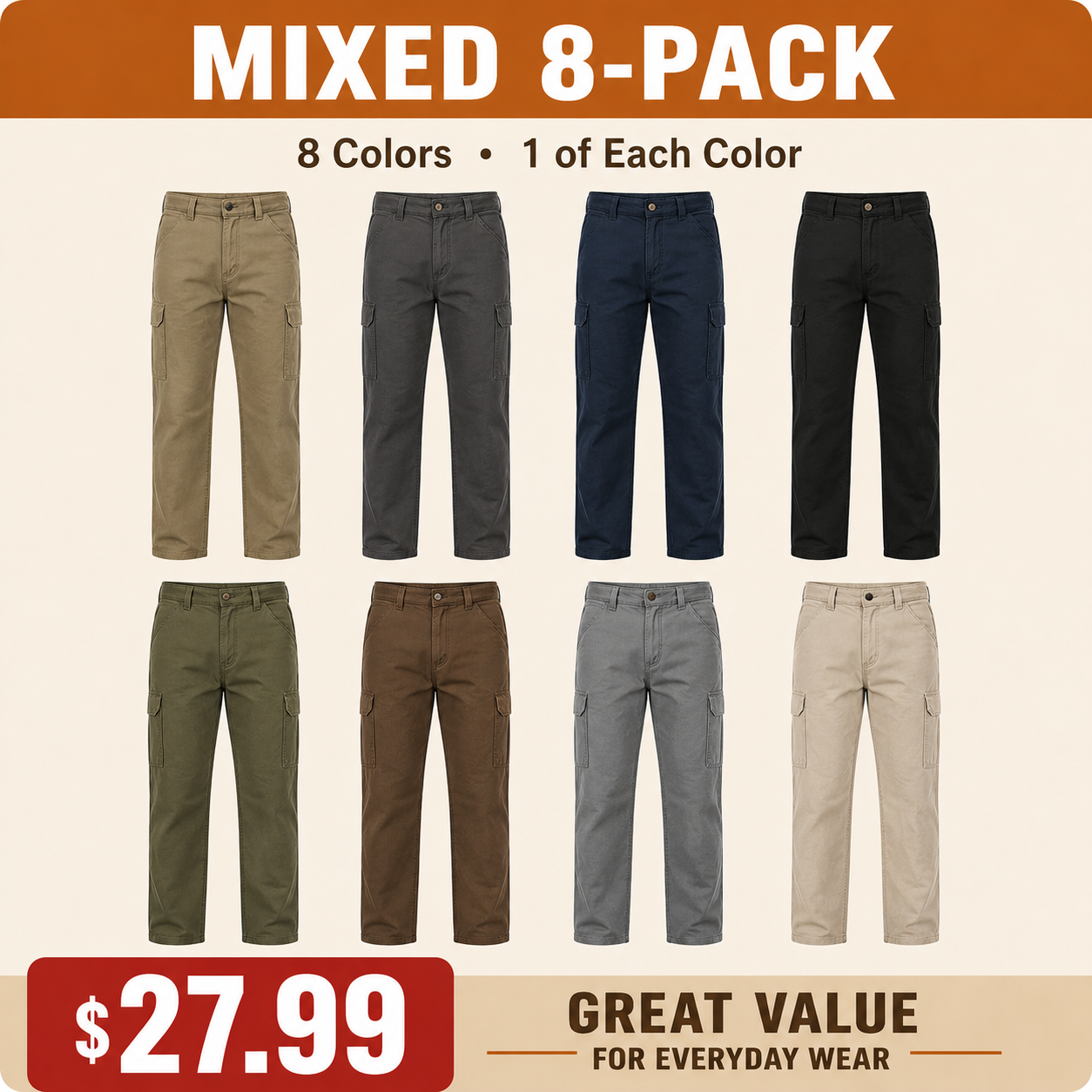 Mixed 8-Pack cargo pants bundle with eight colors