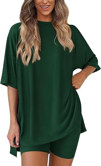 🔥Women's Two Piece Lounge Set 2026 Summer Casual Oversized Shirts Biker Shorts Matching Airport Travel Outfit